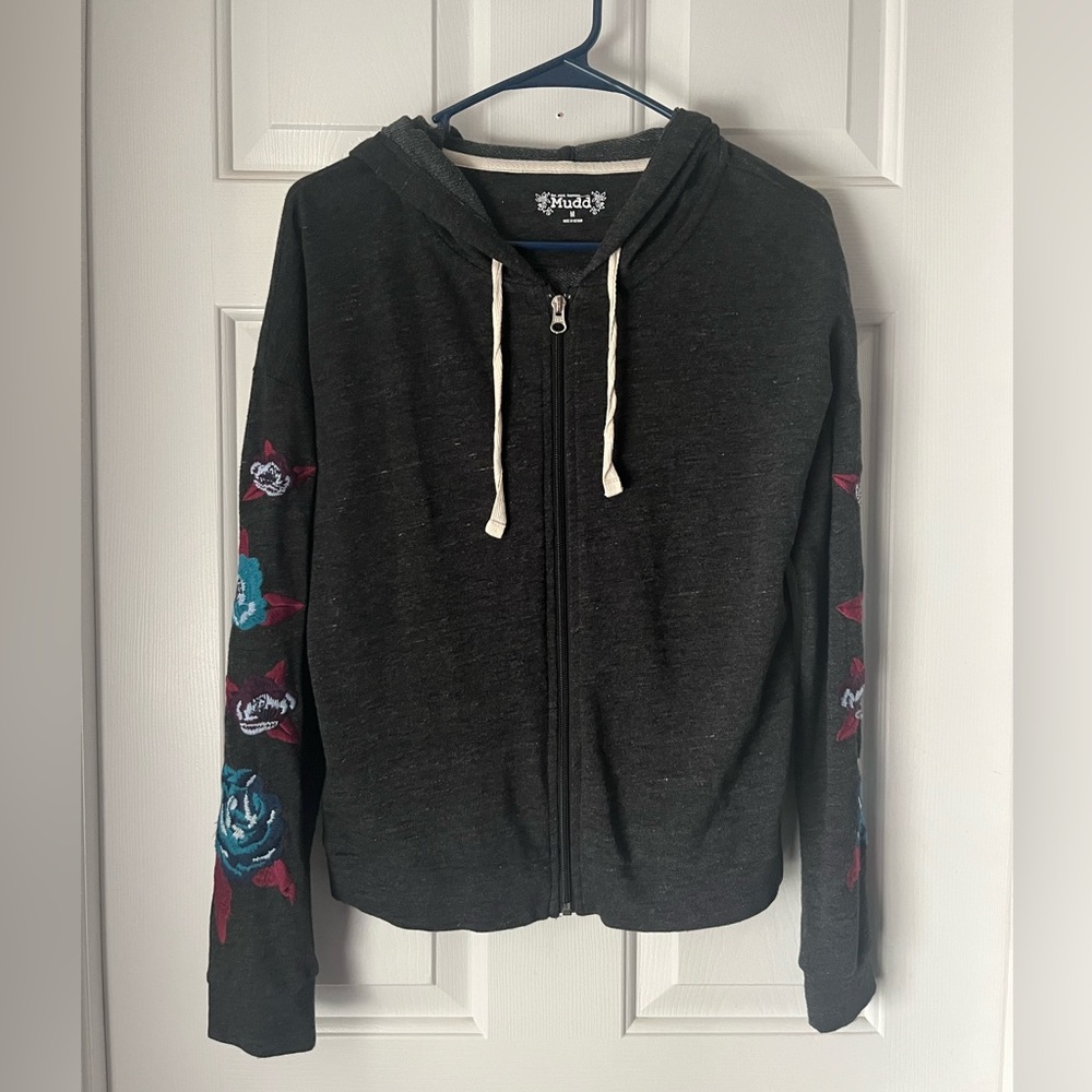 Grey Zip Up with Flower Stitching on Sleeves